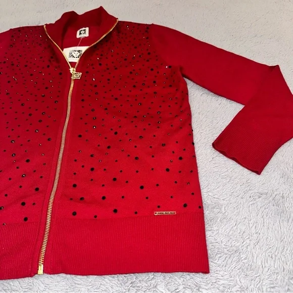 Anne Klein fire red and black rhinestone sweater